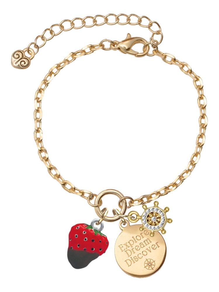 Delight Jewelry Silvertone 3-D Chocolate Dipped Strawberry Goldtone Discover Dream Explore Zoey Charm Bracelet, 6.5+2" Extender