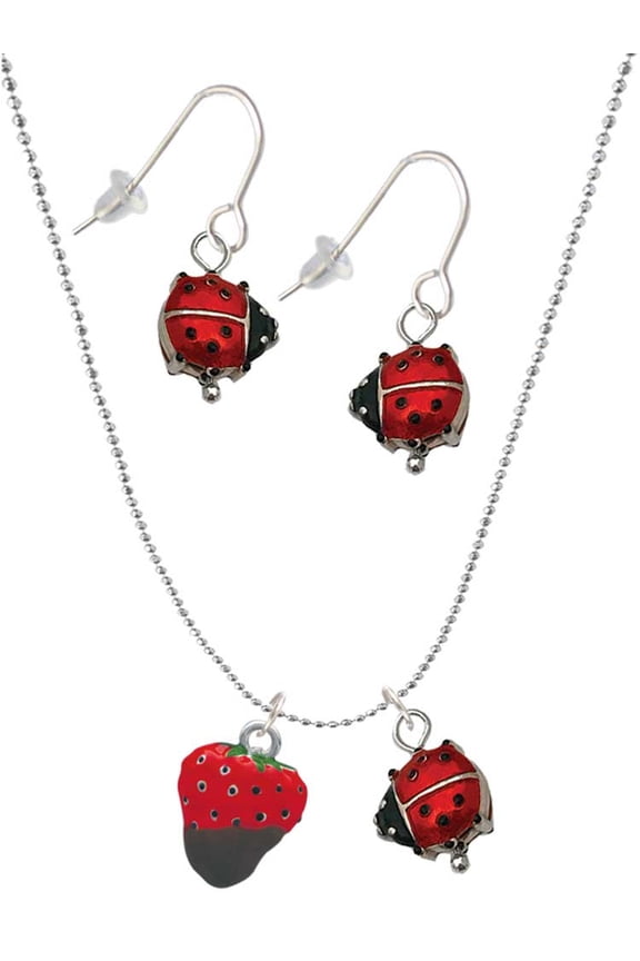 Silvertone 3-D Chocolate Dipped Strawberry Red Lucky Ladybug Necklace and Dangle Earrings Set