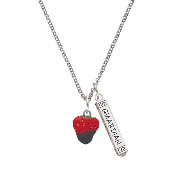 Delight Jewelry Silvertone 3-D Chocolate Dipped Strawberry Silvertone Guardian Angel Bar Charm Necklace, 23"