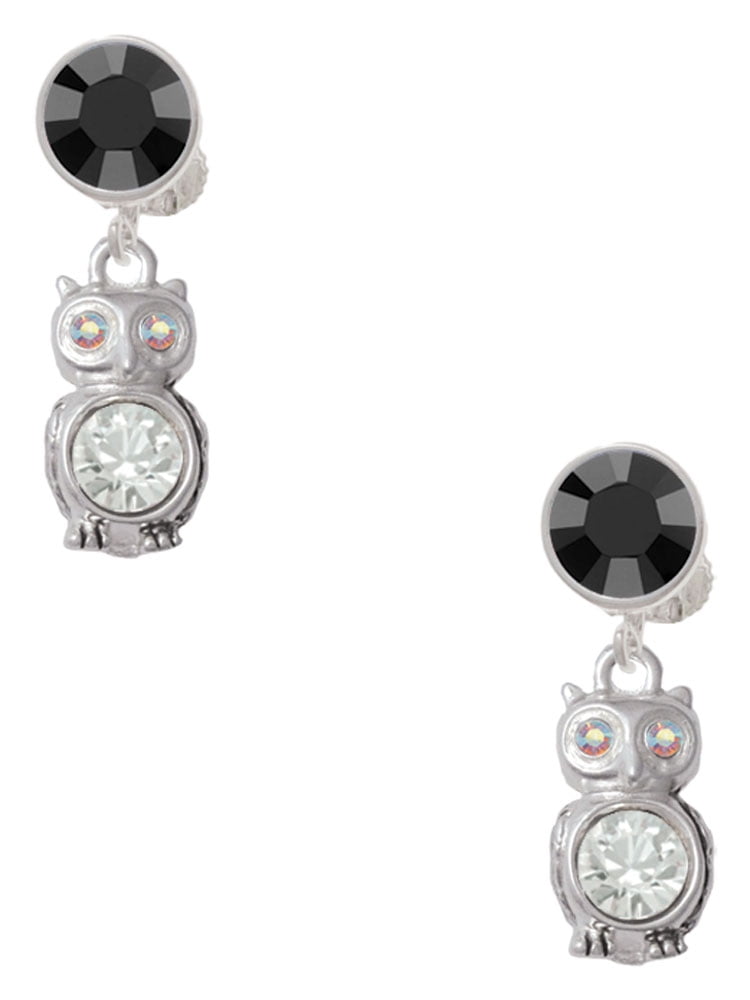 Delight Jewelry Silvertone 3-D Clear AB Crystal Owl Black Crystal Clip on Earrings