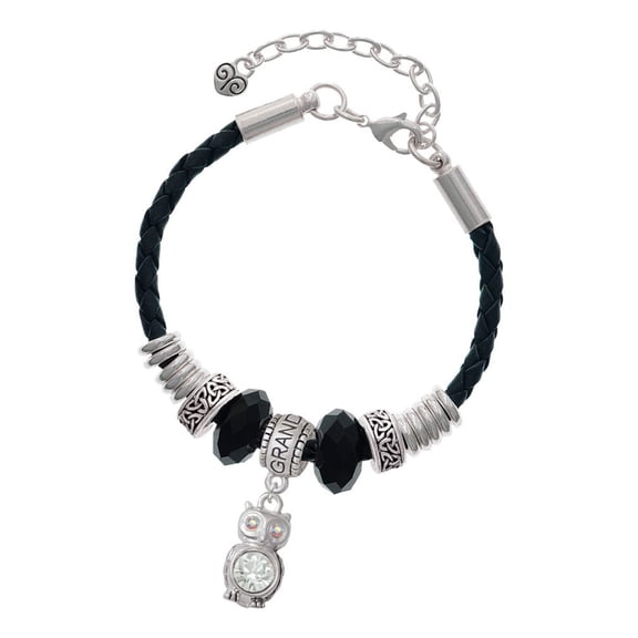 Delight Jewelry Silvertone 3-D Clear AB Crystal Owl Granddaughter Celtic Knot Leather Bead Bracelet, 7"+2" Extender