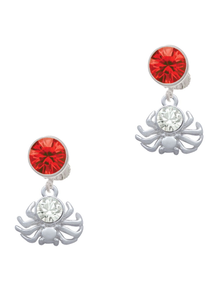 Delight Jewelry Silvertone 3-D Clear Crystal Spider Red Crystal Clip on Earrings
