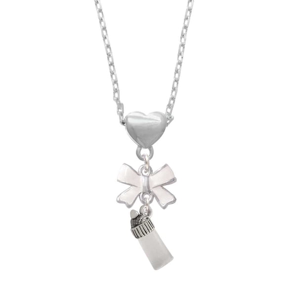 Delight Jewelry Silvertone 3-D Clear Frosted Baby Bottle White Bow Heart Necklace