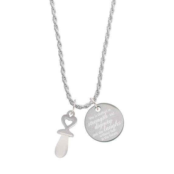 Delight Jewelry Silvertone 3-D Clear Frosted Baby Pacifier She is Clothed in Stength and Dignity Charm Necklace, 20"+3"