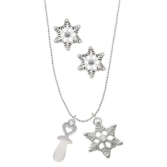Delight Jewelry Silvertone 3-D Clear Frosted Baby Pacifier Silver tone Snowflake Charm Necklace and Stud Earrings