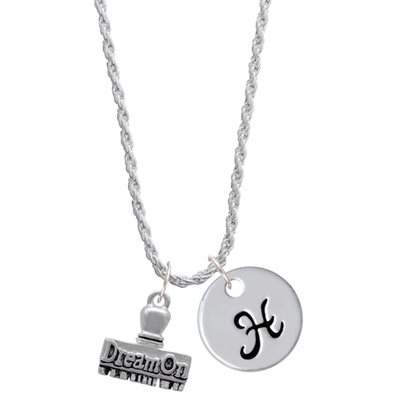 Delight Jewelry Silvertone 3-D ''Dream On'' Stamp Silvertone Script Initial Disc - H - Charm Necklace, 20"+3"