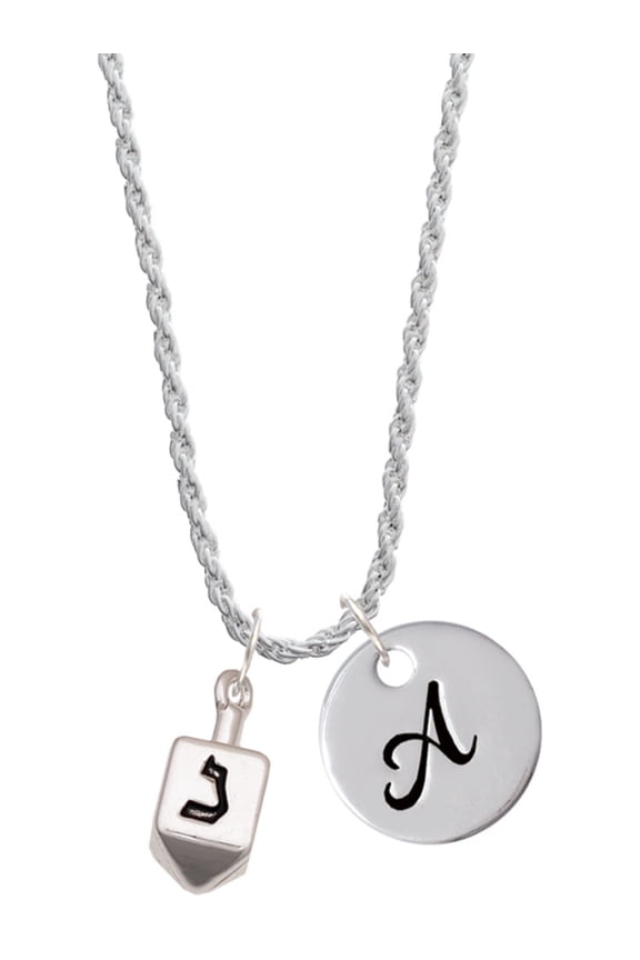 Silvertone 3-D Dreidel - Silvertone Script Initial Disc - A - Charm Necklace, 20"+3"