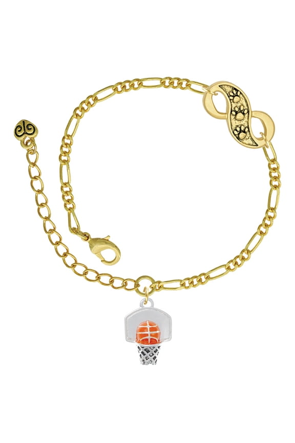 Silvertone 3-D Enamel Basketball in Hoop Gold-tone Paw Infinity Link Chain Bracelet, 6"+2" Extender
