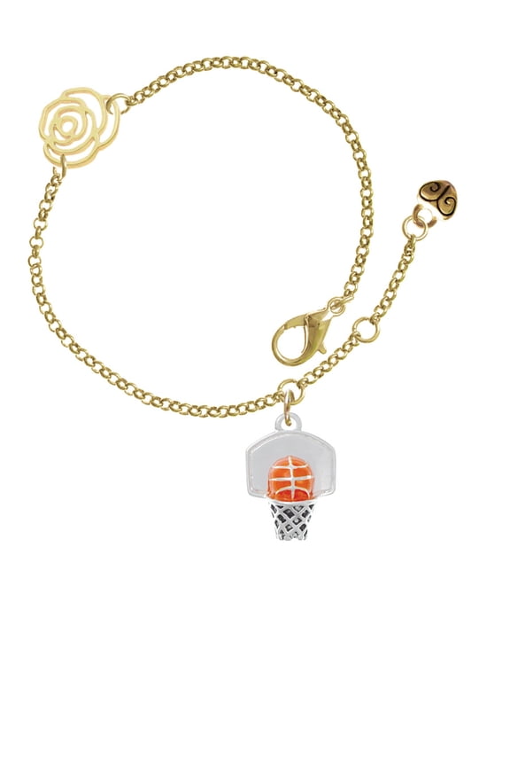 Silvertone 3-D Enamel Basketball in Hoop Gold-tone Rose Link Chain Bracelet, 6.25"+1.75" Extender