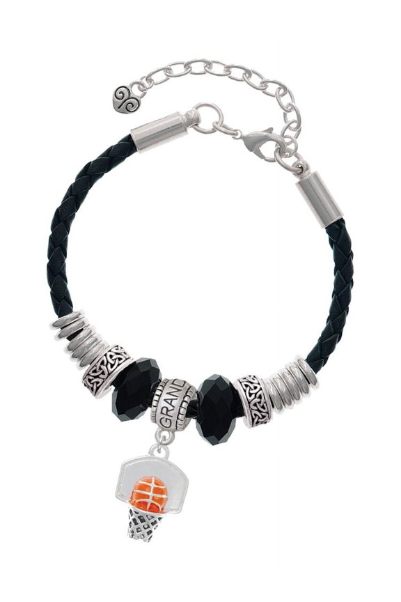 Silvertone 3-D Enamel Basketball in Hoop Granddaughter Celtic Knot Leather Bead Bracelet, 7"+2" Extender