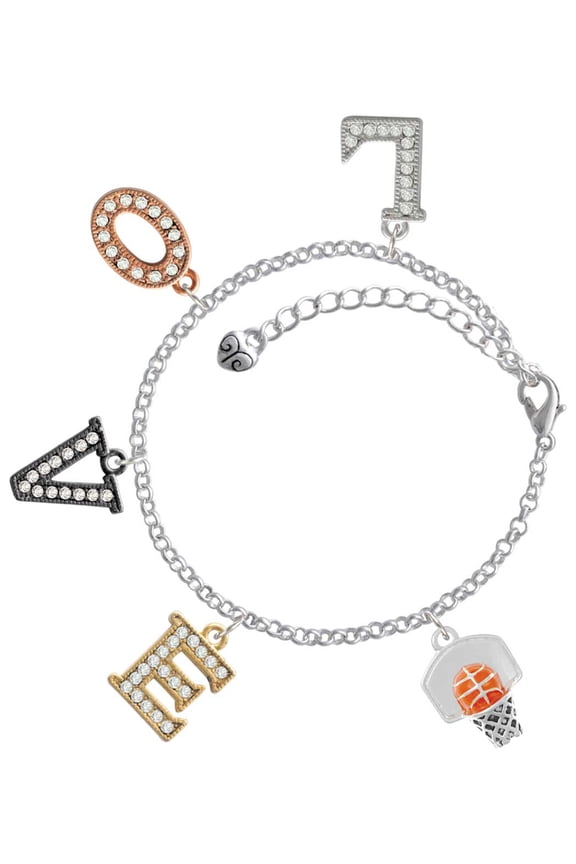 Silvertone 3-D Enamel Basketball in Hoop Multi-Colored Crystal Love Charm Bracelet