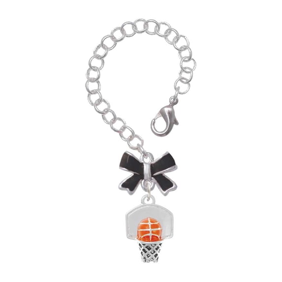 Delight Jewelry Silvertone 3-D Enamel Basketball in Hoop - Silvertone Black Bow Charm Accessory for Tumblers and Thermal Cups