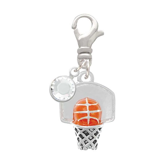 Delight Jewelry Silvertone 3-D Enamel Basketball in Hoop - Silvertone Clip on Charm with Clear Crystal Drop