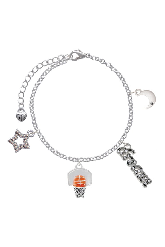 Silvertone 3-D Enamel Basketball in Hoop Silvertone Dream Big Charm Bracelet, 7.5+2" Extender