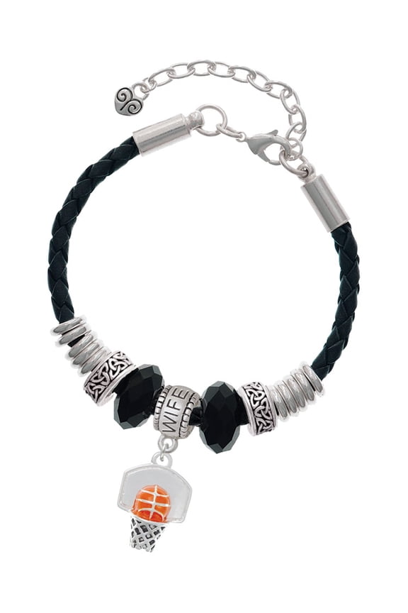 Silvertone 3-D Enamel Basketball in Hoop Wife Celtic Knot Leather Bead Bracelet, 7"+2" Extender