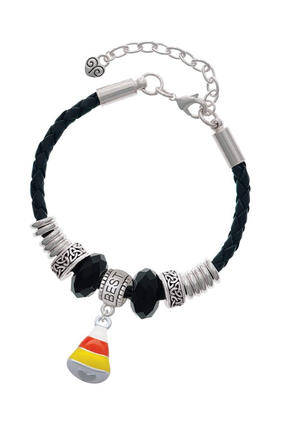 Silvertone 3-D Enamel Candy Corn Best Friend Celtic Knot Leather Bead Bracelet, 7"+2" Extender
