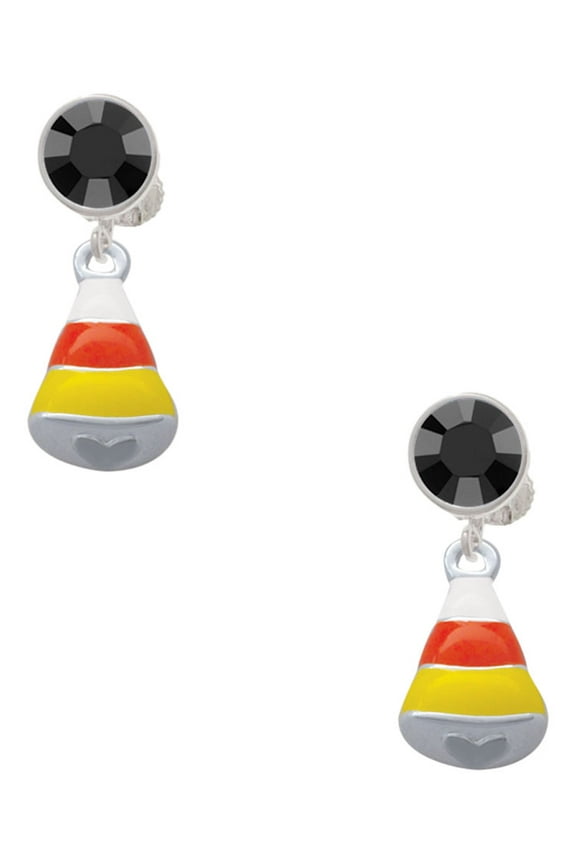 Silvertone 3-D Enamel Candy Corn Black Crystal Clip on Earrings