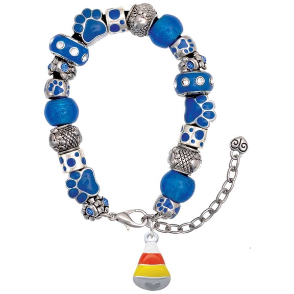 Delight Jewelry Silvertone 3-D Enamel Candy Corn Blue Paw Print Bead Bracelet, 7"+2"