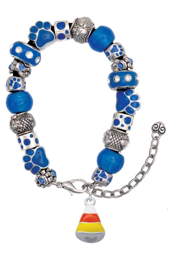 Silvertone 3-D Enamel Candy Corn Blue Paw Print Bead Bracelet, 7"+2"