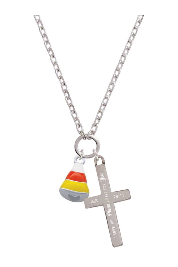 Silvertone 3-D Enamel Candy Corn I Have Plans for You Engraved Cross Zoey Necklace, 28"