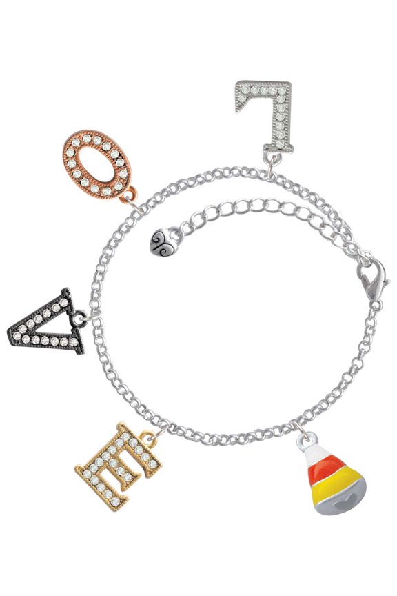 Silvertone 3-D Enamel Candy Corn Multi-Colored Crystal Love Charm Bracelet