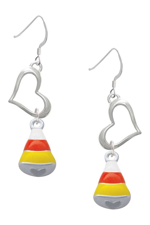 Silvertone 3-D Enamel Candy Corn Open Heart French Earrings