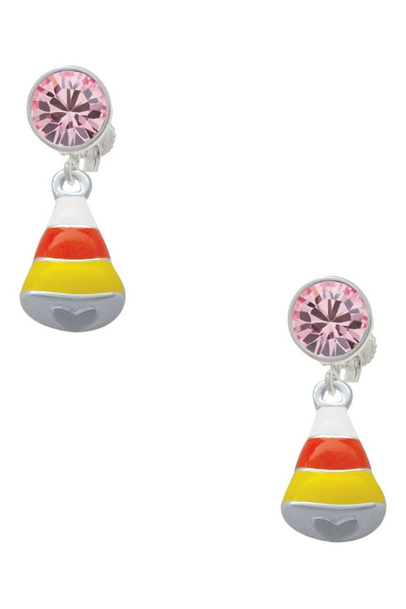 Silvertone 3-D Enamel Candy Corn Pink Crystal Clip on Earrings