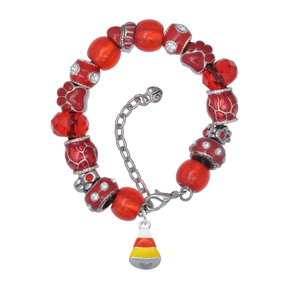 Delight Jewelry Silvertone 3-D Enamel Candy Corn Red Paw Print Bead Bracelet, 7"+2"