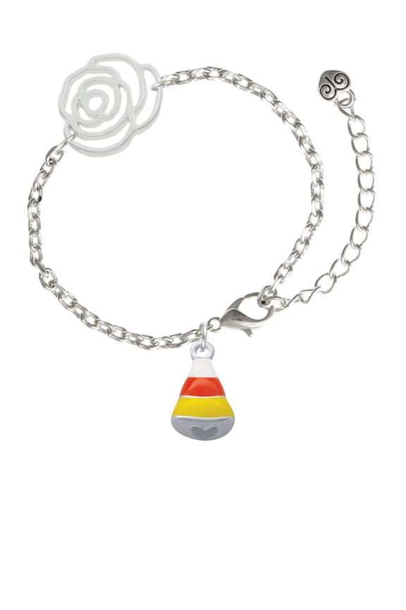 Silvertone 3-D Enamel Candy Corn Silver-tone Flower Link Chain Bracelet, 6.75"+2" Extender