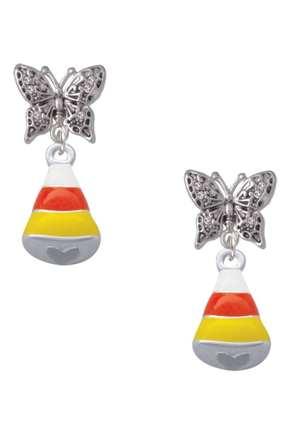 Silvertone 3-D Enamel Candy Corn Silvertone Antiqued Butterfly Post Earrings