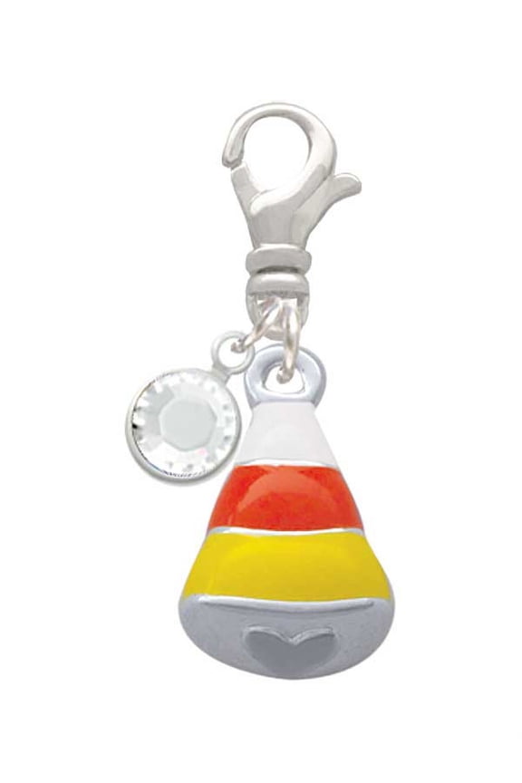Silvertone 3-D Enamel Candy Corn - Silvertone Clip on Charm with Clear Crystal Drop