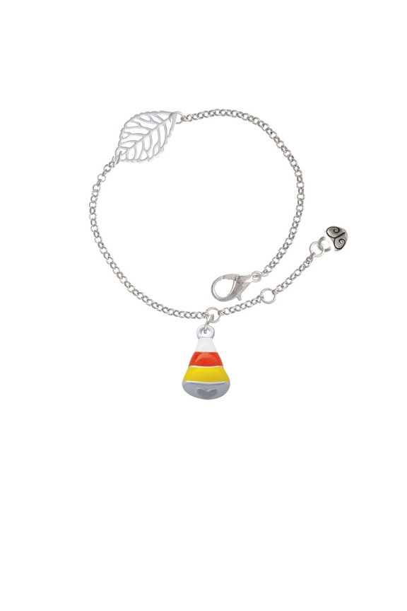 Silvertone 3-D Enamel Candy Corn - Silvertone Leaf Delicate Bracelet, 6.25+1.75"