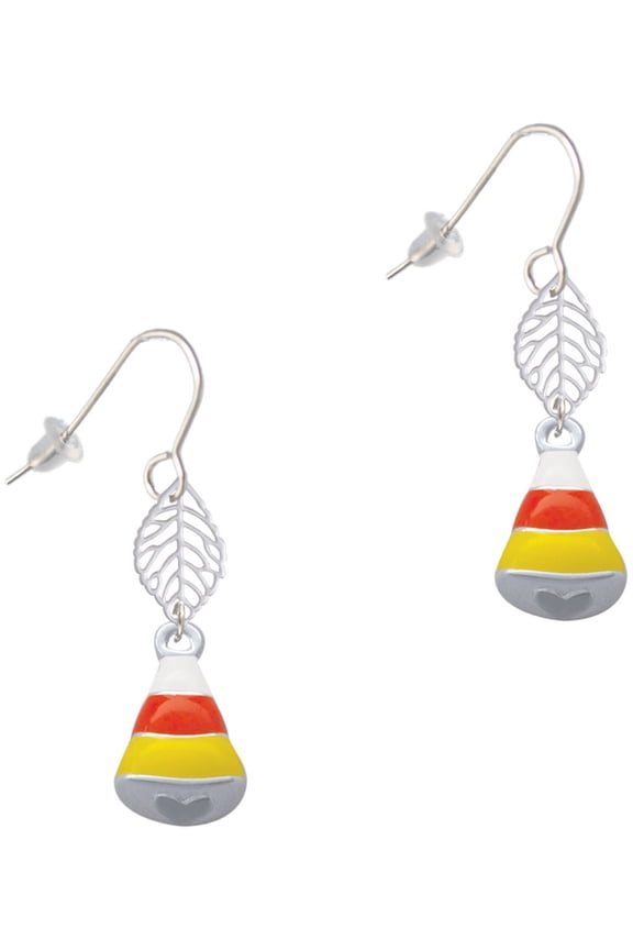Silvertone 3-D Enamel Candy Corn Silvertone Leaf French Earrings