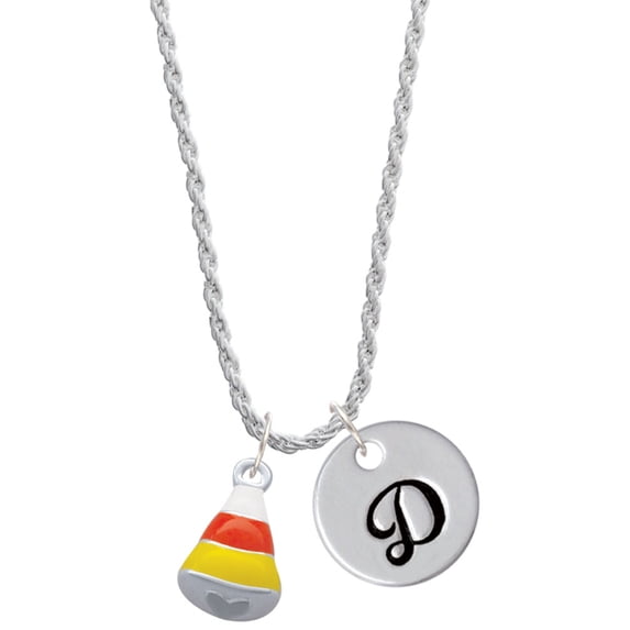 Delight Jewelry Silvertone 3-D Enamel Candy Corn Silvertone Script Initial Disc - D - Charm Necklace, 20"+3"