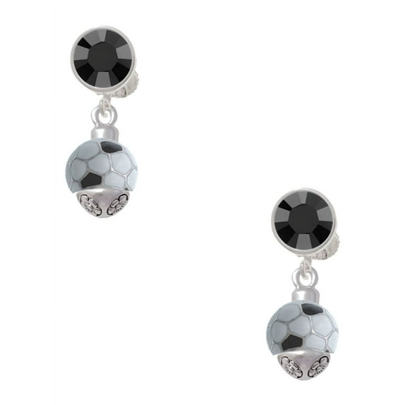 Delight Jewelry Silvertone 3-D Enamel Soccerball Spinner Black Crystal Clip on Earrings