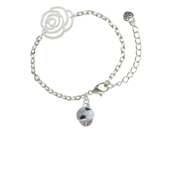 Delight Jewelry Silvertone 3-D Enamel Soccerball Spinner Silver-tone Flower Link Chain Bracelet, 6.75"+2" Extender