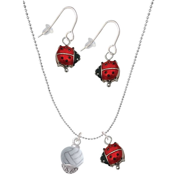 Delight Jewelry Silvertone 3-D Enamel Volleyball Spinner Red Lucky Ladybug Necklace and Dangle Earrings Set