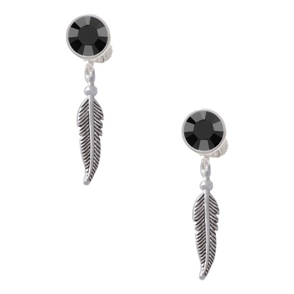 Delight Jewelry Silvertone 3-D Feather Black Crystal Clip on Earrings