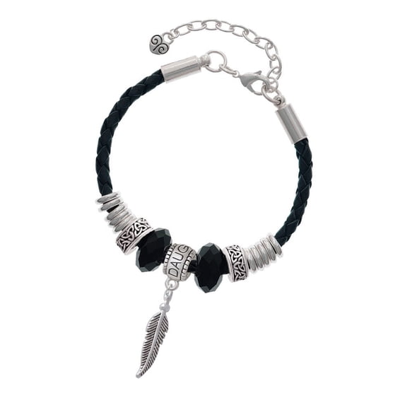 Delight Jewelry Silvertone 3-D Feather Daughter Celtic Knot Leather Bead Bracelet, 7"+2" Extender