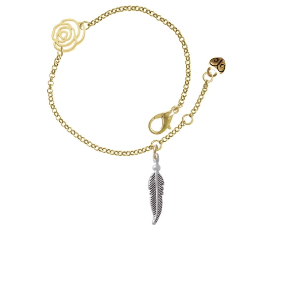 Delight Jewelry Silvertone 3-D Feather Gold-tone Rose Link Chain Bracelet, 6.25"+1.75" Extender
