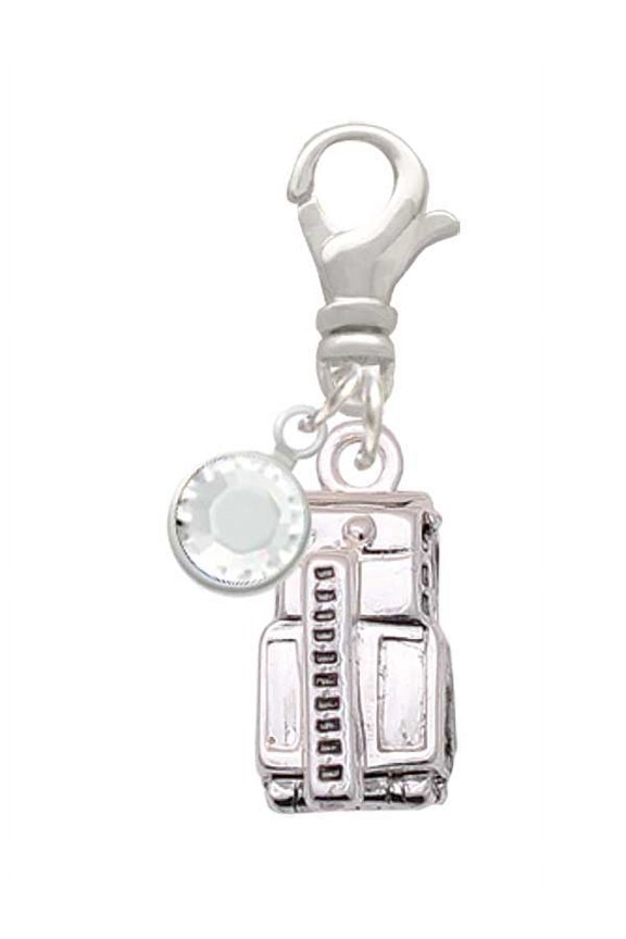 Silvertone 3-D Fire Engine - - Silvertone Clip on Charm with Clear Crystal Drop