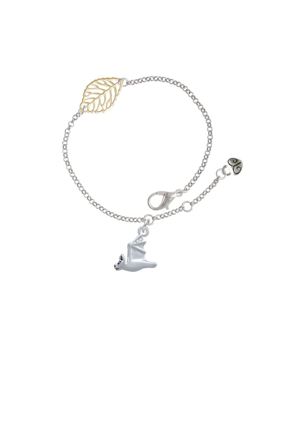 Silvertone 3-D Flying Bat with Crystals - Goldtone Leaf Delicate Bracelet, 6.25+1.75"