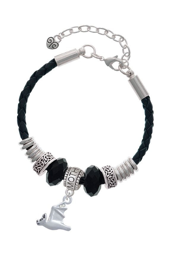 Silvertone 3-D Flying Bat with Crystals Mother Celtic Knot Leather Bead Bracelet, 7"+2" Extender