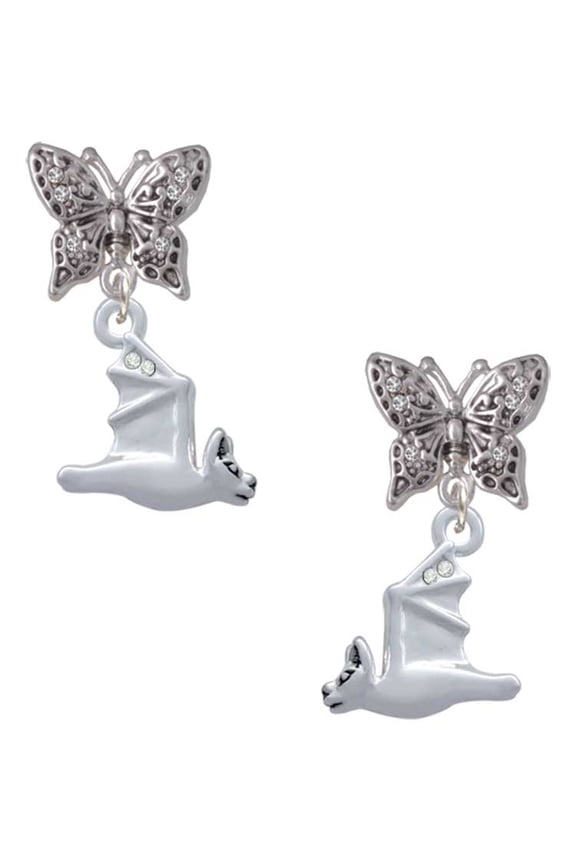 Silvertone 3-D Flying Bat with Crystals Silvertone Antiqued Butterfly Post Earrings