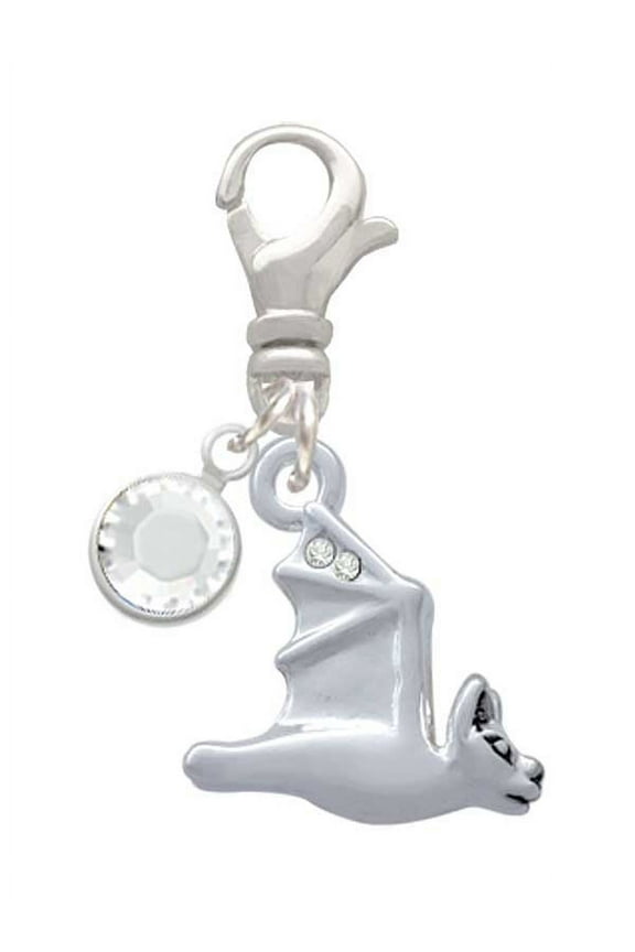Silvertone 3-D Flying Bat with Crystals - Silvertone Clip on Charm with Clear Crystal Drop