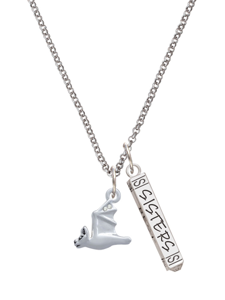 Delight Jewelry Silvertone 3-D Flying Bat with Crystals Silvertone Sisters Best Friends Forever Bar Charm Necklace, 23"