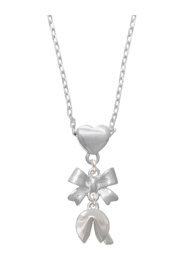Silvertone 3-D Fortune Cookie Silver tone Bow Heart Necklace