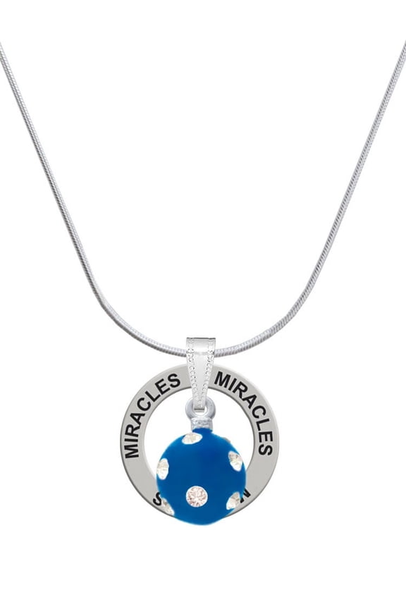 Silvertone 3-D Frosted Blue Resin Ornament with Crystals Miracles Ring Charm Necklace, 18"