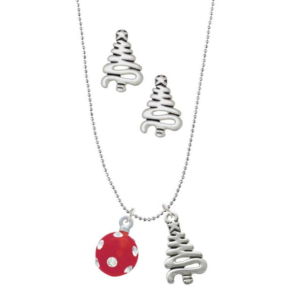 Delight Jewelry Silvertone 3-D Frosted Red Resin Ornament with Crystals Silver tone Zig Zag Christmas Tree Charm Necklace and Stud Earrings