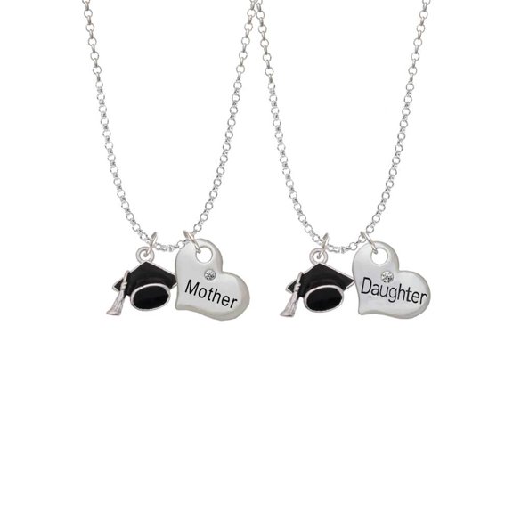 Delight Jewelry Silvertone 3-D Graduation Hat Mother & Daughter Heart Necklaces (Set of 2), 19"+2"